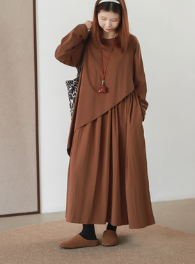 菲尔丹 港风假两件拼接宽松长袖连衣裙 秋冬纯色打底长连衣裙8646