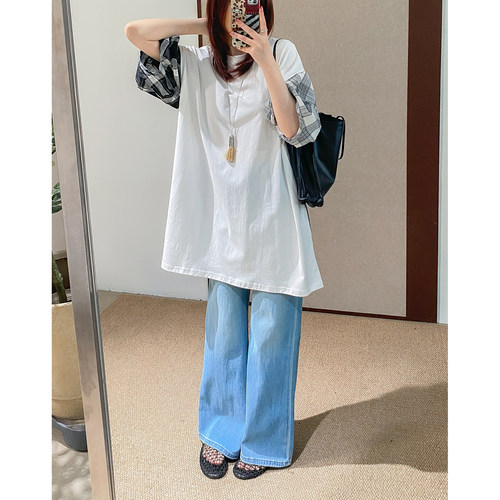 菲尔丹港风鸳鸯格宽松短袖T恤