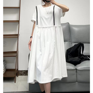 菲尔丹 港味街头原宿风 背带装饰假两件宽松 圆领短袖连衣裙 770