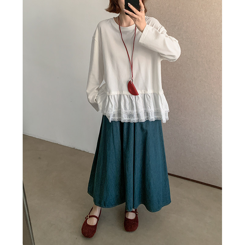 长袖可爱春季棉料花边T恤女