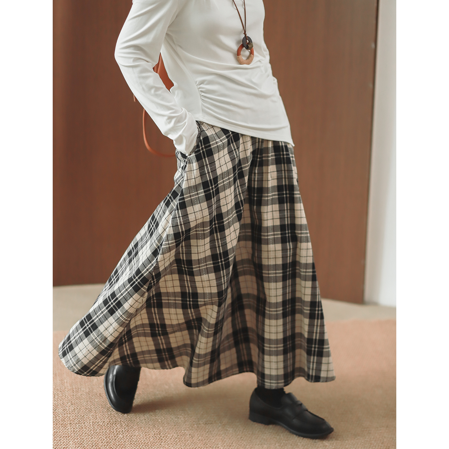 半松紧腰侧拉链长版A字半身裙