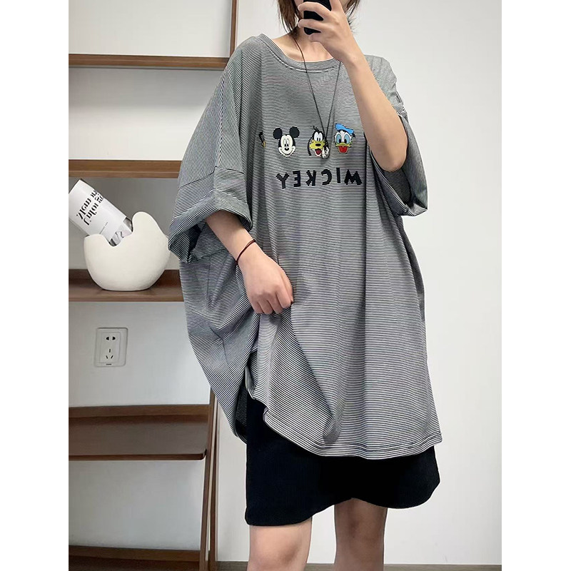 菲尔丹 可爱减龄卡通印花短袖T恤 港风细条纹落肩半袖大版长T809