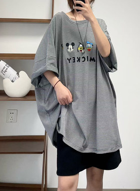菲尔丹 可爱减龄卡通印花短袖T恤 港风细条纹落肩半袖大版长T809