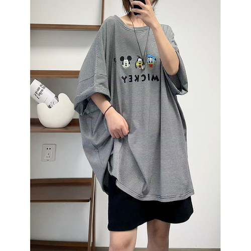 菲尔丹 可爱减龄卡通印花短袖T恤 港风细条纹落肩半袖大版长T809