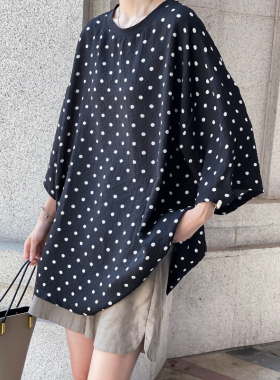 港风复古空气层面料小波点短袖T恤 宽松大版中长款圆领短T女6890