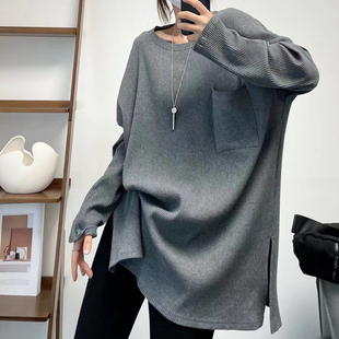 菲尔丹 中性风 欧美慵懒范简约纯色口袋圆领坑条棉长袖宽松长T531