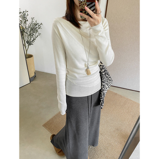 捏褶一字肩收腰显瘦镂空斜下摆长袖 菲尔丹 版 型巨好 2317 针织衫