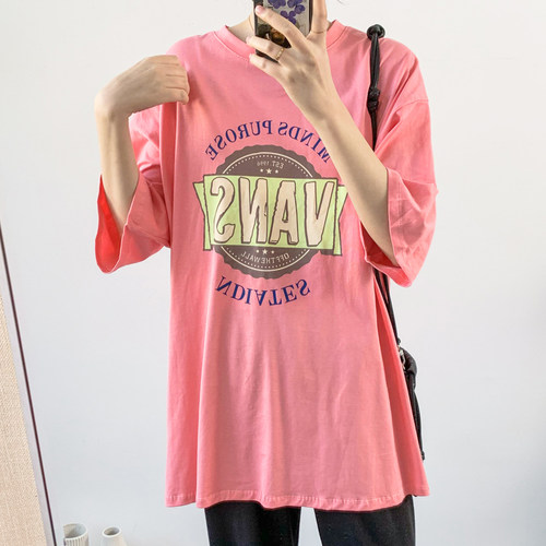 舒适滑爽精梳棉大版英文印花T恤裙 韩版宽松大码中长薄短袖T7302