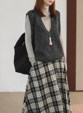 菲尔丹 银河细闪深V领宽松无袖毛衣 单面小亮片精致毛衣马甲9921