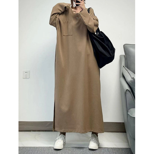 大码版长款棉纯港风开叉H连衣裙