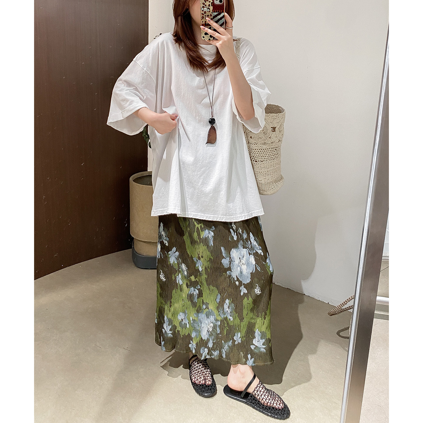 菲尔丹新中式绿花百褶半身长裙