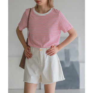 套头衬衫 菲尔丹 花边无袖 条纹T恤 742 减龄基础学院风圆领短袖