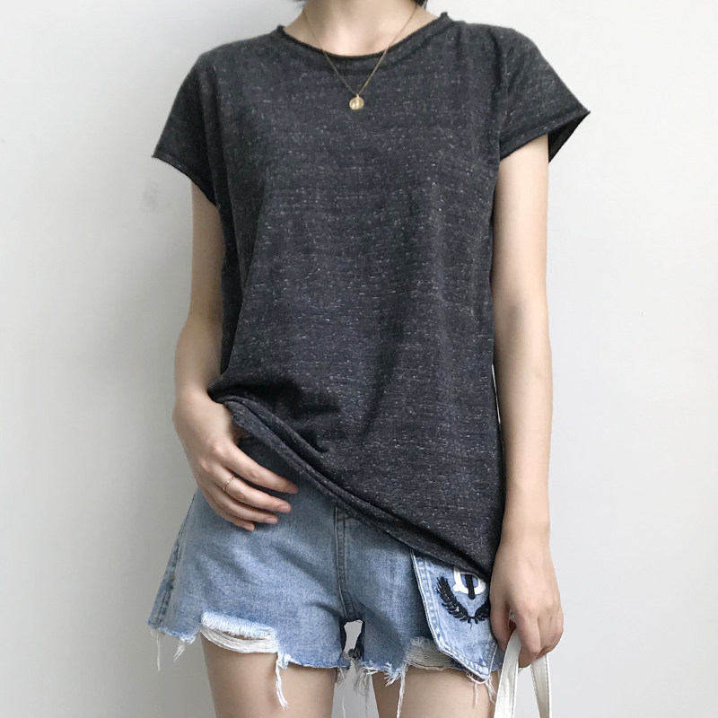 雪花竹节棉卷边女t韩国th新款纯色经典百搭显瘦卷边短袖t恤r638-1