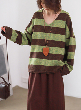 菲尔丹 不起静电！巨值！鸡心V领羊绒宽条纹休闲宽松长袖毛衣9920