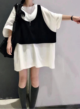 菲尔丹 包容到200斤 港风松垮垮假两件大廓形遮肉短袖长T恤775