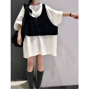 长T恤775 港风松垮垮假两件大廓形遮肉短袖 菲尔丹 包容到200斤