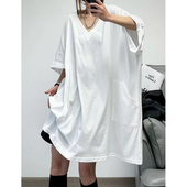 菲尔丹 纯色棉T恤569 韩短袖 慵懒港风廓形大T裙 显瘦V领双口袋大版