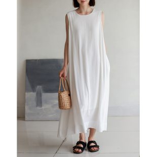 垂感棉麻显瘦无袖 裙摆工整大宽边 A连衣裙2091 气质大女主 菲尔丹