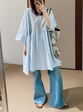 菲尔丹 文艺范慵懒舒适薄棉半袖宽松娃娃衬衫裙 超大版衬衫1027