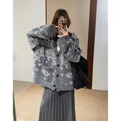 菲尔丹 欧美民族风灰白提花深V领排扣超长袖 宽松秋冬毛衣外套1303