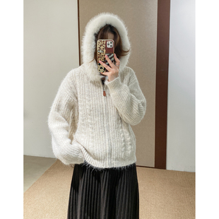 秋冬打底毛衣6179 宽松中长毛衣外套 菲尔丹 毛毛边杏色小麻花长袖