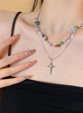 2026甜酷彩色碎石十字星芒项链女夏季小众设计感配饰双层叠戴锁骨