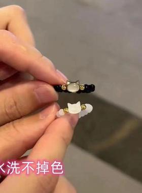 2026可爱猫咪串珠戒指女黑白猫头食指戒ins小众送闺蜜款指环百搭