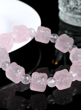 2026久雅水晶 天然粉水晶凤穿牡丹方糖手链 甜美粉色方型凤凰手串