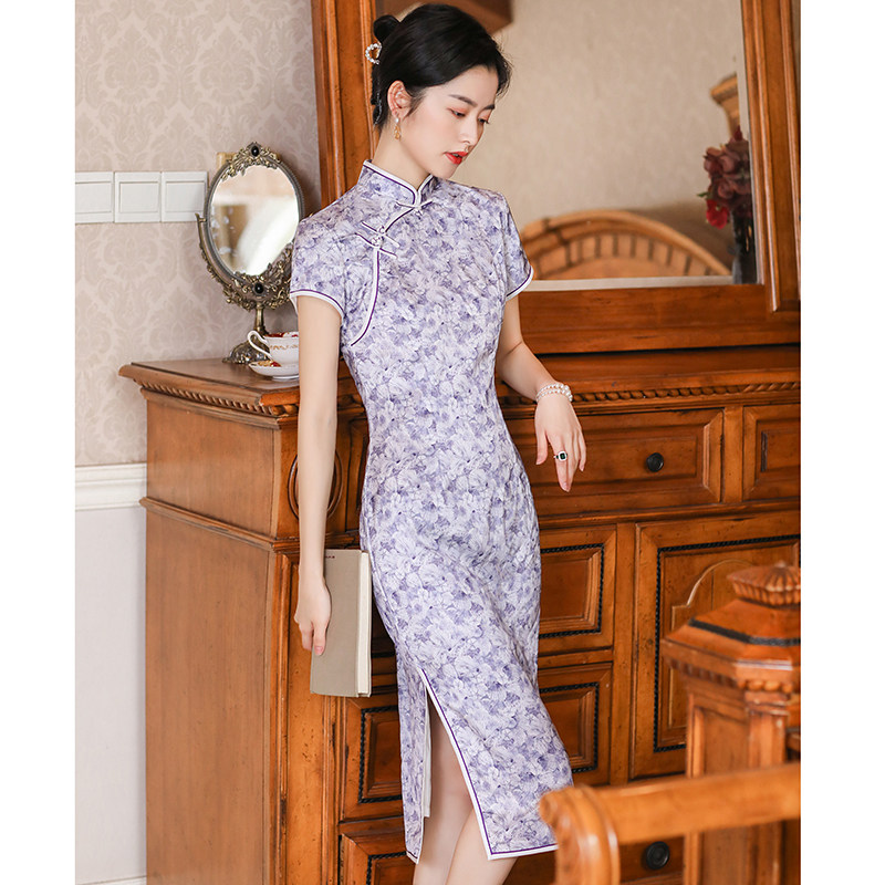 丝绸夏装弹力双层优雅风紫色旗袍