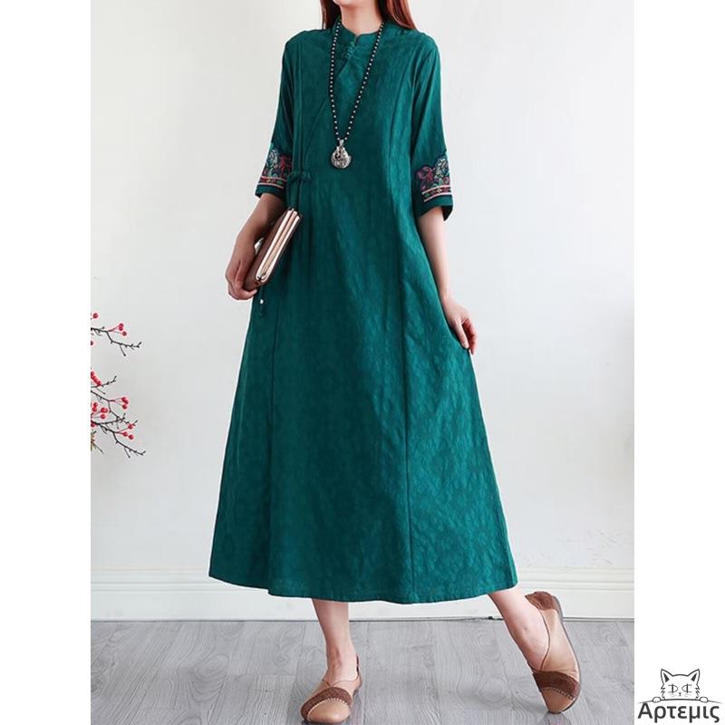 复古民族风棉麻连衣裙女刺绣改良旗袍裙Women retro cotton dress 女装/女士精品 连衣裙 原图主图