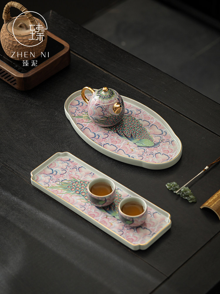高档中式珐琅彩茶盘家用陶瓷干泡台小型茶海茶托盘功夫茶具小套装