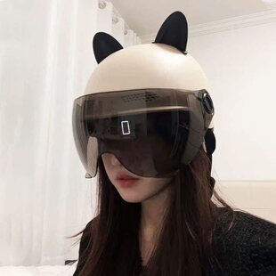 复古猫耳朵电动车头盔女秋春夏骑行防风3c认证可爱安全帽四季通用