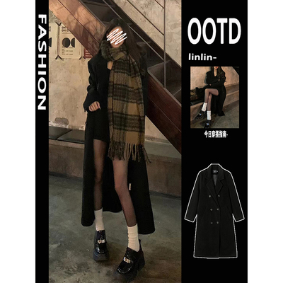 鸾琴韩系中长款黑色毛呢外套