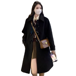 加厚夹棉牛角扣呢子大衣女2026秋冬新款赫本风过膝中长款毛呢外套