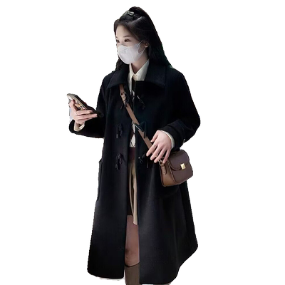 过膝中长款牛角扣小个子呢子大衣
