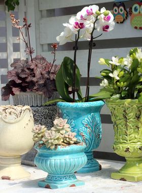 地中海复古粗陶高脚奖杯阳台绿植盆栽室内蝴蝶石斛兰多肉陶瓷花盆