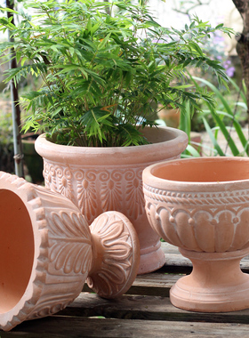 北欧创意复古奖杯透气红陶手工盆花园庭院阳台花卉种植粗陶大花盆