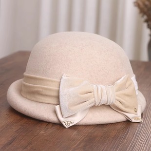 法式复古卷边小礼帽女士秋冬丝绒蝴蝶结羊毛呢贝雷帽气质保暖盆帽