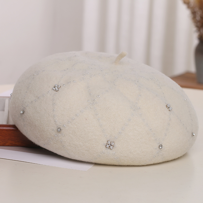 日系手工珍珠水钻羊毛贝雷帽子女
