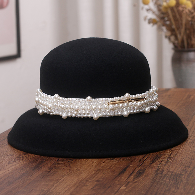 赫本风珍珠羊毛盆帽渔夫帽女秋冬