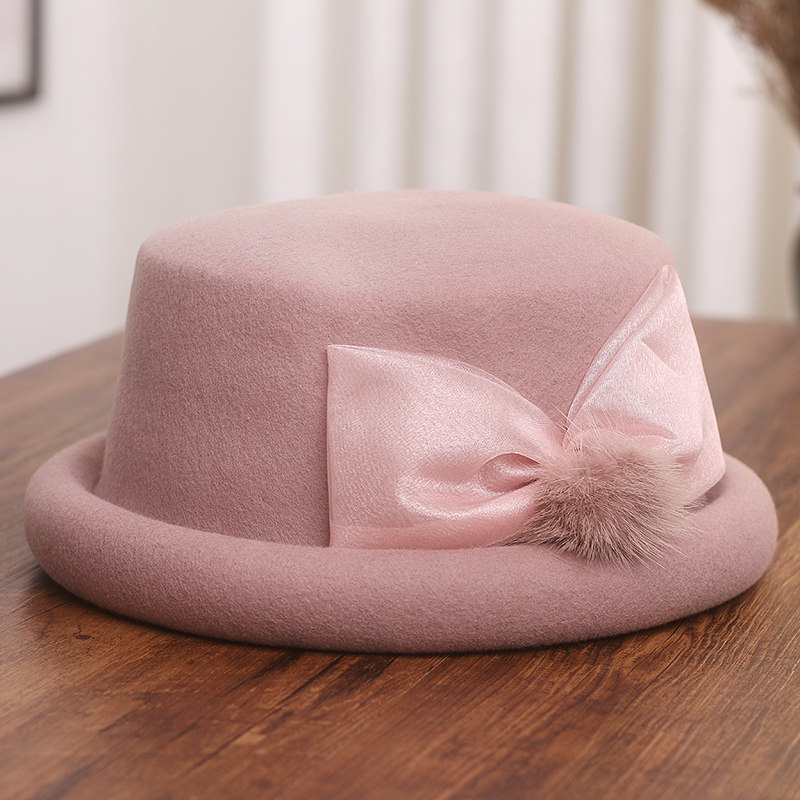 法式复古高端水貂毛球蝴蝶结贝雷帽女秋冬羊毛呢时尚定型卷边礼帽