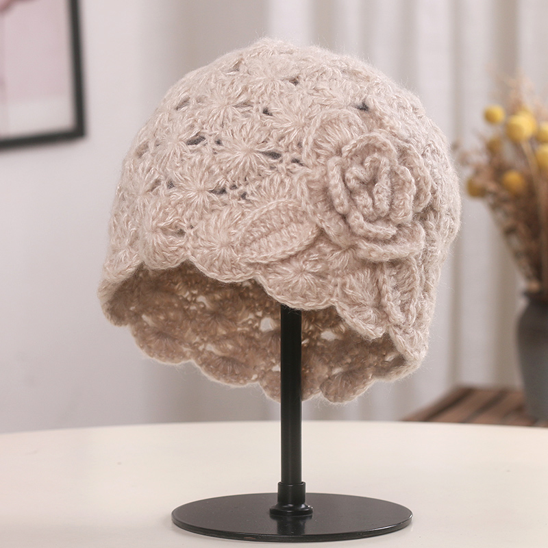 秋冬新款立体花朵毛线包头帽