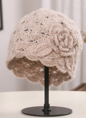 帽子女2024秋冬新款立体花朵毛线包头帽大头围名媛气质针织0117k