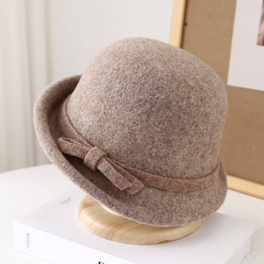 秋冬蝴蝶结毛呢保暖盆帽2025新款