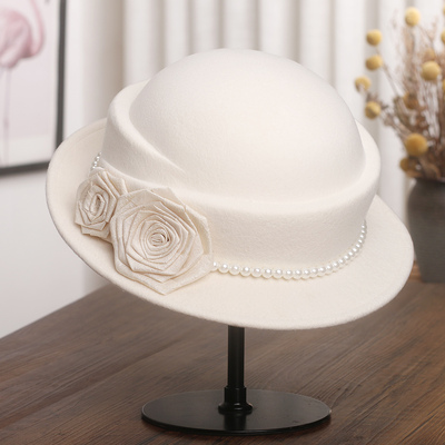 法式赫本风珍珠花朵羊毛呢渔夫帽