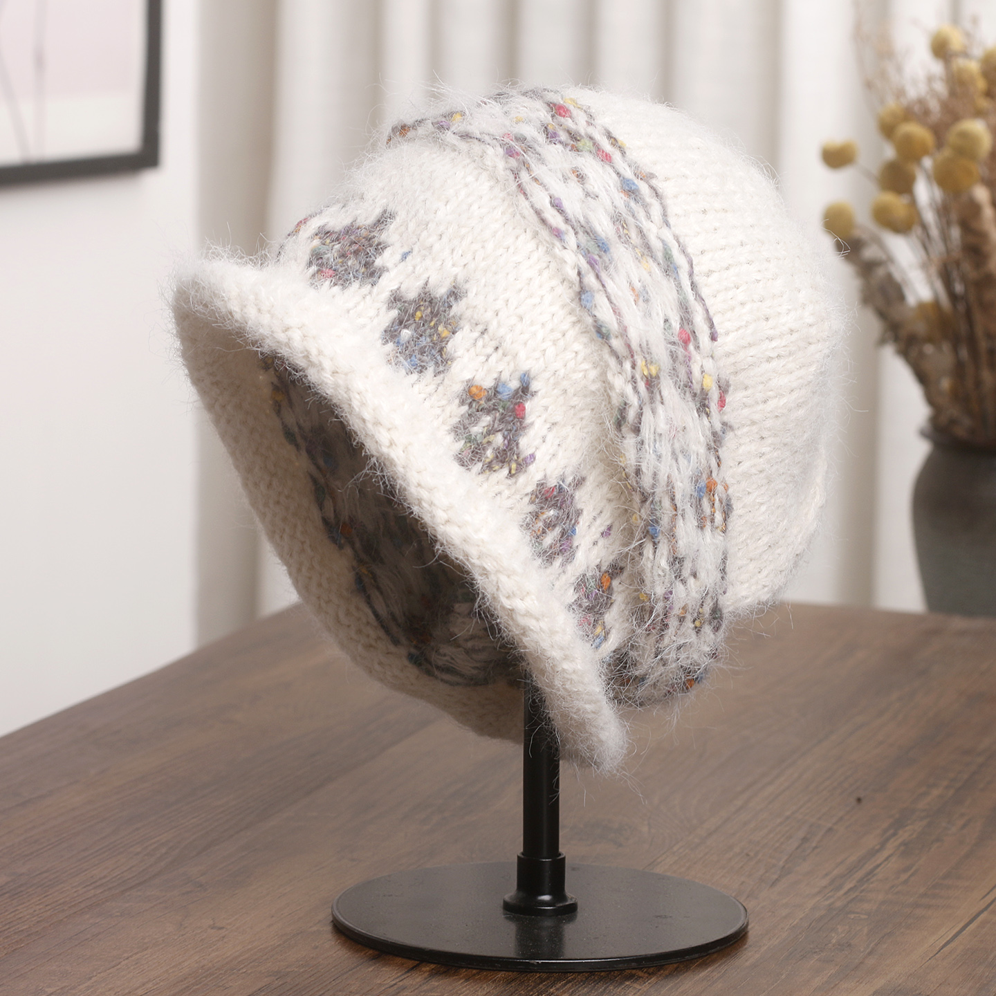 日系费尔岛提花针织卷边包头帽女