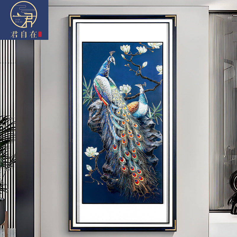 新中式玄关过道背景墙竖版挂画富贵吉祥铜雕画手工雕刻孔雀壁画
