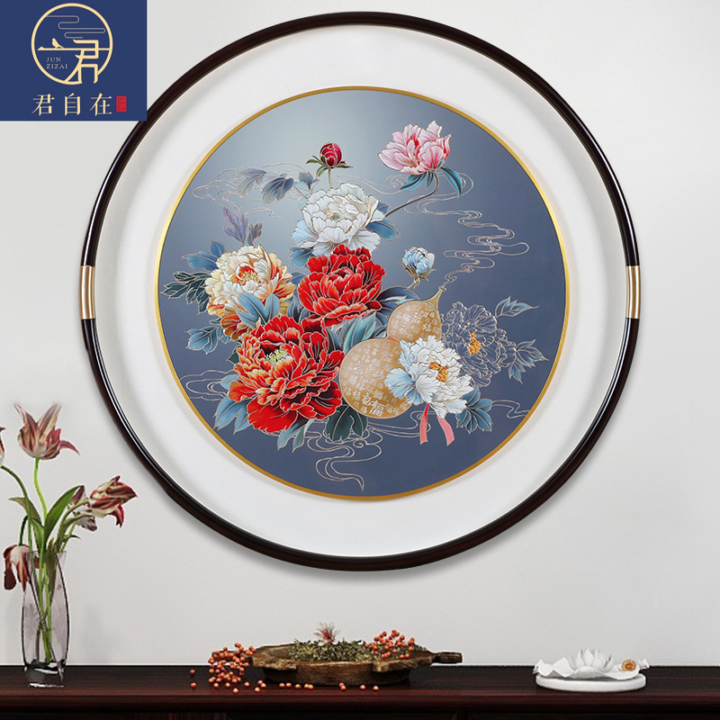 富贵满堂圆形牡丹葫芦手工铜板铜雕装饰画新中式现代玄关走廊过道图片