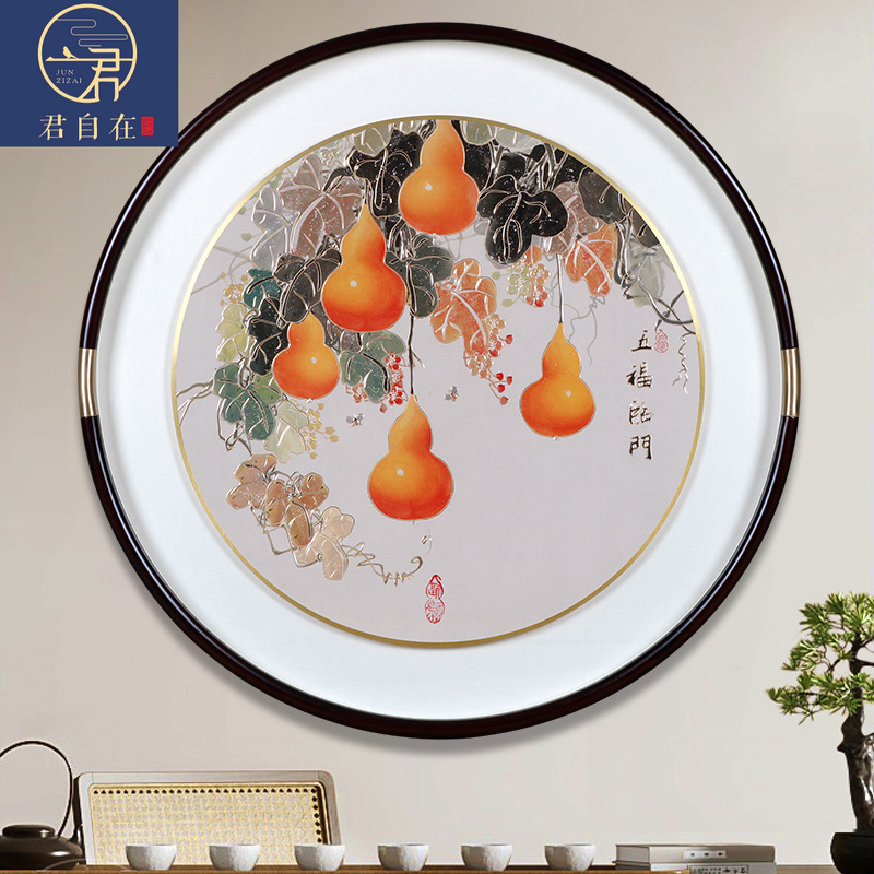 五福临门手工铜雕画高档玄关壁画