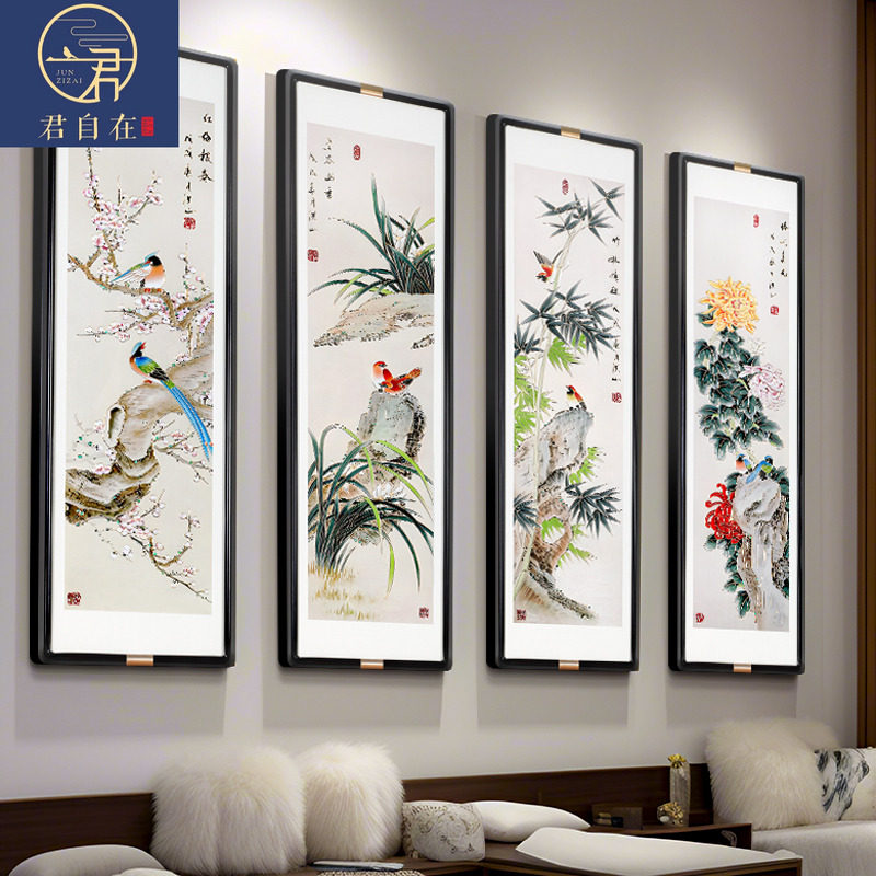 中式梅兰竹菊手工雕刻铜雕画四联客厅背景墙装饰画书房茶室挂画